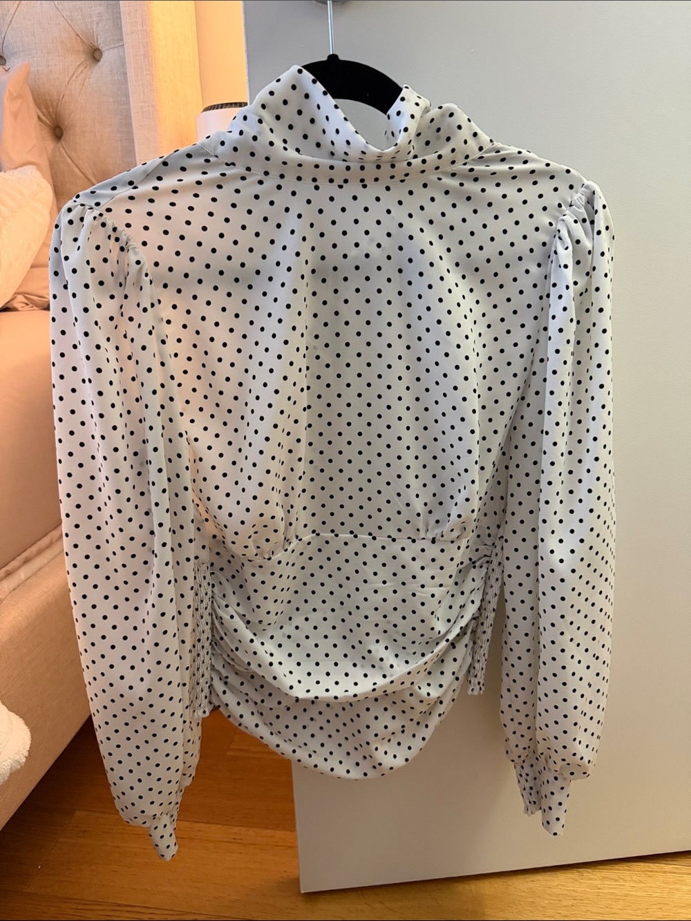 White House Black Market White Blouse with Black Polka Dots